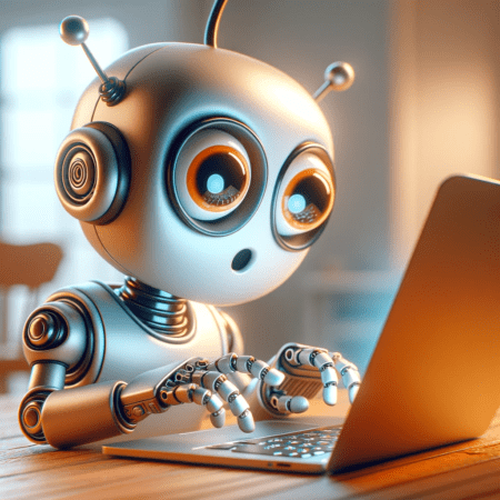 A funny robot looking at a laptop