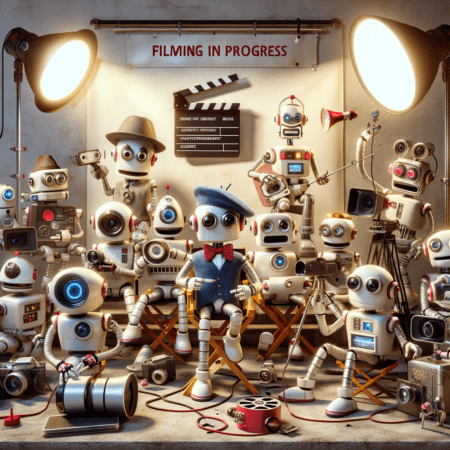 A group of robots humorously engaged in making a film