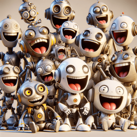 A group of funny robots laughing together