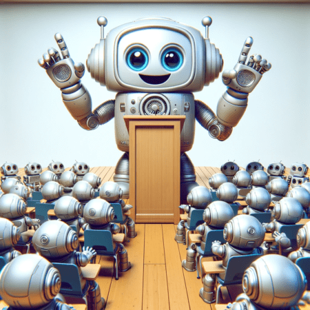 A funny robot speaking, surrounded by a dozen smaller robots who are attentively listening