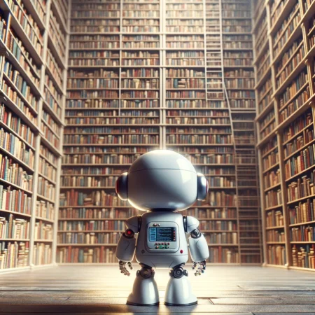 A small, funny-looking robot standing in front of a gigantic library full of books.